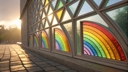 Aufkleber - Colorful stained glass window featuring rainbows, illuminated by the warm glow of the setting sun, creating a vibrant and hopeful atmosphere