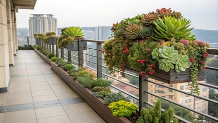 Poster - Lush succulent plants flourishing in wooden planters along a balcony railing, enhancing a vibrant green space while providing a serene view of the bustling cityscape below