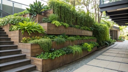 Poster - Lush green plants growing in a tiered vertical garden system, adding natural beauty and enhancing the exterior of a modern building with sustainable landscaping