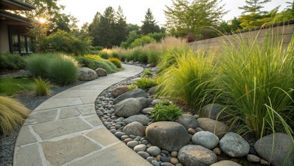 Aufkleber - Winding stone path meanders through a vibrant garden, bordered by a variety of ornamental grasses, large rocks, and pebbles, creating a serene and inviting landscape