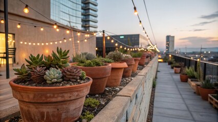 Aufkleber - Terracotta pots with various succulents decorating a rooftop garden at sunset, illuminated by string lights, creating a cozy and inviting atmosphere