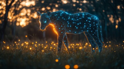 Poster - A digital representation of a lion demonstrating edge computing in a natural landscape at dusk