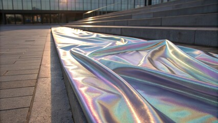 Poster - Iridescent futuristic fabric flowing gracefully near a modern building at sunset, creating a captivating interplay of light and reflections against a vibrant urban backdrop