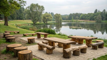 Poster - Rustic wooden picnic tables and benches invite visitors to relax and enjoy the tranquil view of a calm lake surrounded by lush greenery in a peaceful park setting