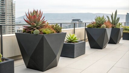 Poster - Large geometric planters filled with succulents and cacti create a relaxing oasis on a rooftop terrace, offering stunning views of the cityscape and surrounding landscape