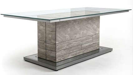 Poster - Studio shot featuring a modern dining table with a clear glass top and a textured stone base, presenting an elegant and contemporary design perfect for stylish interiors