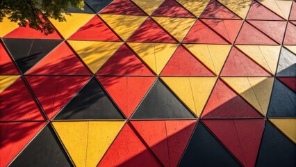 Aufkleber - Sunlight illuminates a vibrant geometric design composed of red, yellow, and black triangles, creating an eye catching pattern with the shadows of tree branches adding depth and contrast