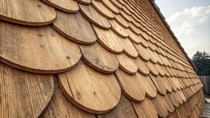 Aufkleber - Close up of a sloped roof featuring overlapping semicircular wooden shingles, highlighting craftsmanship and creating a textured pattern against a blue sky with clouds