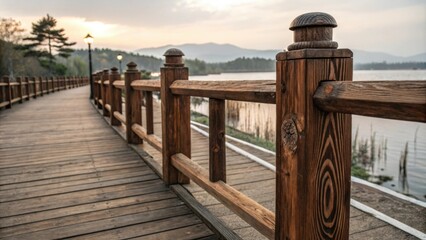 Poster - Wooden walkway with a railing extending into the sunset over a tranquil lake, creating a serene and inviting landscape perfect for relaxation and exploration in nature