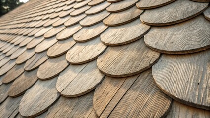 Aufkleber - Close up view of overlapping round wooden shingles forming a textured and rustic roof covering on a building, showcasing traditional craftsmanship and natural materials