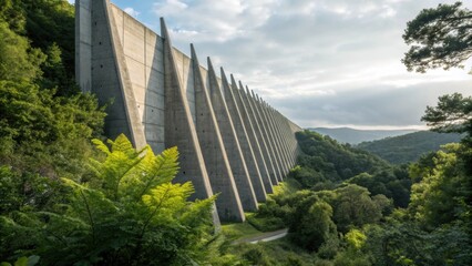 Poster - Concrete dam with triangular buttresses standing tall amidst a vibrant green forest, showcasing a harmonious blend of engineering and nature under a cloudy sky