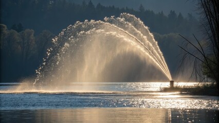 Aufkleber - Two streams of water spraying from a fountain into a tranquil lake, creating a stunning backlit scene during sunset, illuminating the evening sky with golden reflections
