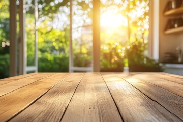 Aufkleber - Sunny wooden table against blurred garden background.