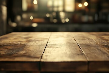 Aufkleber - Rustic wooden table in a warm, dimly lit bar or restaurant.