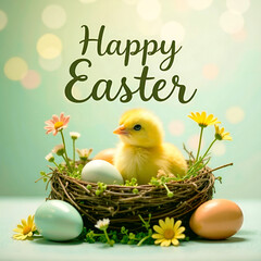 Wall Mural - Little yellow chick in a bird nest with eggs on a Happy Easter background with bokeh. Square composition