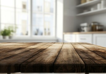 Aufkleber - Rustic wooden table in blurred bright kitchen.