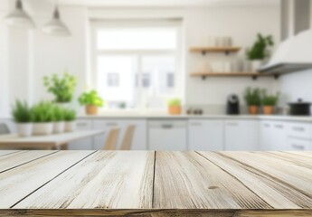 Aufkleber - Empty light wood table top in blurred bright kitchen background.