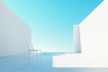 Aufkleber - Minimalist white interior, clear blue sky, bright light, swimming pool, outdoor scene, simple chair and table, geometric shapes, modern architecture, elegant, sophisticated.