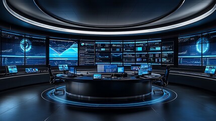 Poster - Futuristic control room with multiple monitors displaying data and graphs. (1)