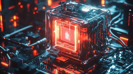 Poster - Futuristic transparent cube with glowing red core on circuit board.