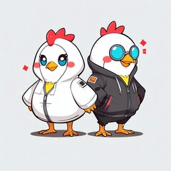 Sticker - Stylish Chicks: Two Adorable Chickens in Trendy Outfits