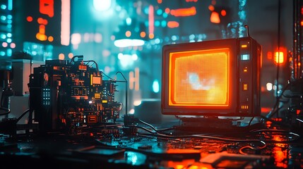 Aufkleber - Retro TV with futuristic circuitry and vibrant neon lights in a dark room.