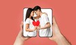 © Prostock-studio - A couple is depicted embracing while holding a heart between them, surrounded by smartphone elements symbolizing their connection through messaging. The backdrop is a solid, warm color.