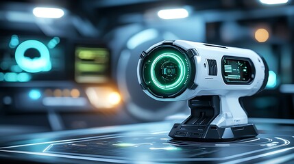 Poster - Futuristic white technological device with glowing green interface on a digital table in a high-tech lab.