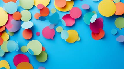 Poster - Colorful speech bubbles scattered across a blue background creating a vibrant and playful visual display