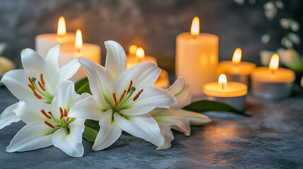 Poster - Condolence card surrounded by white lilies and burning candles on a stone surface with blurred gray background, funeral concept image
