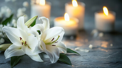 Poster - Condolence card surrounded by white lilies and burning candles on a stone surface with blurred gray background, funeral concept image