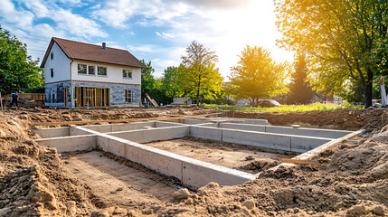 Poster - Concrete foundation laid for new house construction site in early building stage