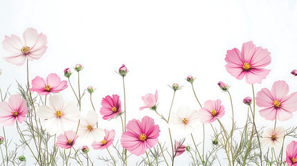 Poster - Cosmos themed frame or border for photos, delicate pink and white flowers, watercolor illustration, white color background