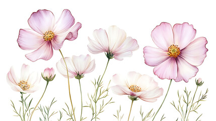 Aufkleber - Cosmos themed frame or border for photos, delicate pink and white flowers, watercolor illustration, white color background