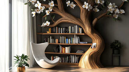 Poster - Creative and nature-inspired bookshelf design resembling a tree with flowering branches