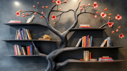 Poster - Creative and nature-inspired bookshelf design resembling a tree with flowering branches