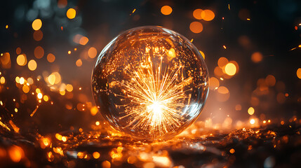 Aufkleber - Crystal ball with 2025 glowing inside is surrounded by fireworks, suggesting a bright future for the new year