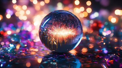 Poster - Crystal ball with 2025 glowing inside is surrounded by fireworks, suggesting a bright future for the new year