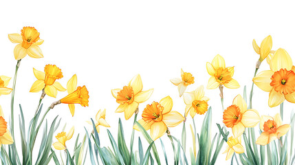 Poster - Daffodil field frame or border, watercolor illustration, perfect for nursery art, simple clipart, single object, white color background, for greeting cards weddings or birthdays