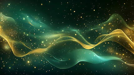 Leinwandbilder - Dark green and gold background with a digital space filled with glowing particles, stars and a flowing ribbon of light, creating an ethereal atmosphere