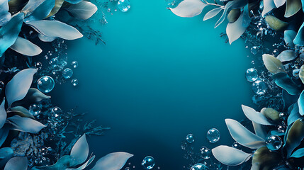 Poster - Deep ocean blue background with seaweed and bubble accents for ocean-themed product displays