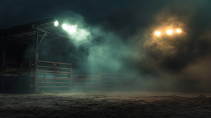 Poster - Desolate rodeo arena illuminated by bright lights and lingering smoke, concept rodeo arena, bright lights, smoke, desolate setting