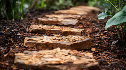 Poster - Detail of garden path with stone slabs with bark mulch and native plants, landscaping and gardening concept