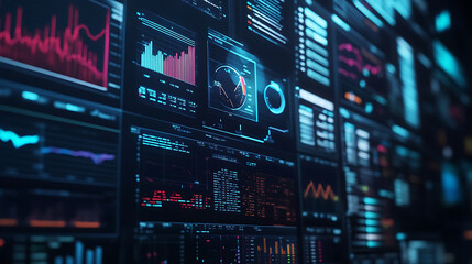 Leinwandbilder - Detailed analysis display: investment trading metrics and trends on stock market graph chart with indicators, financial monitoring close-up view