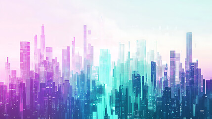Poster - Digital abstract cityscape background featuring a glitchy pixelated mix of electric blues, purples, greens, pinks, whites, and turquoise