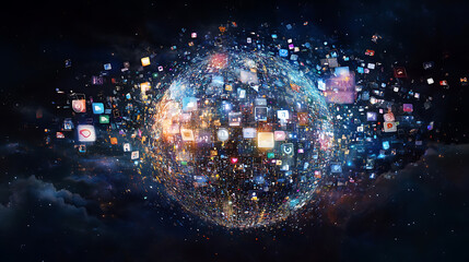 Fototapete - A blue background with a digital globe and global network connections on the right side, representing an international technology business