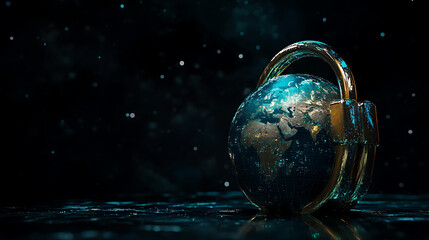 Fototapete - Digital lock over a globe in cyberspace, dark background, concept of cybersecurity and global data protection