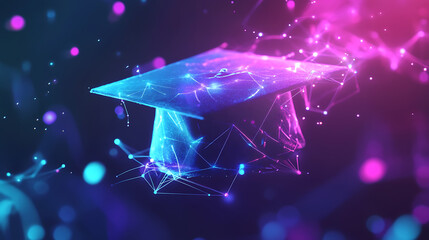 Poster - Digital illustration of a graduation cap made from glowing data connections, representing the impact and connection between education technology products