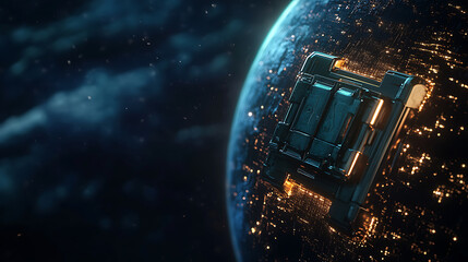 Fototapete - Digital lock over a globe in cyberspace, dark background, concept of cybersecurity and global data protection