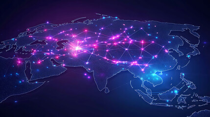 Leinwandbilder - Digital map of asia, concept of global network and connectivity, data transfer and cyber technology, business exchange, information and telecommunication
